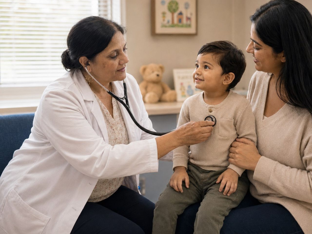A pediatrician examining a young child during a visit