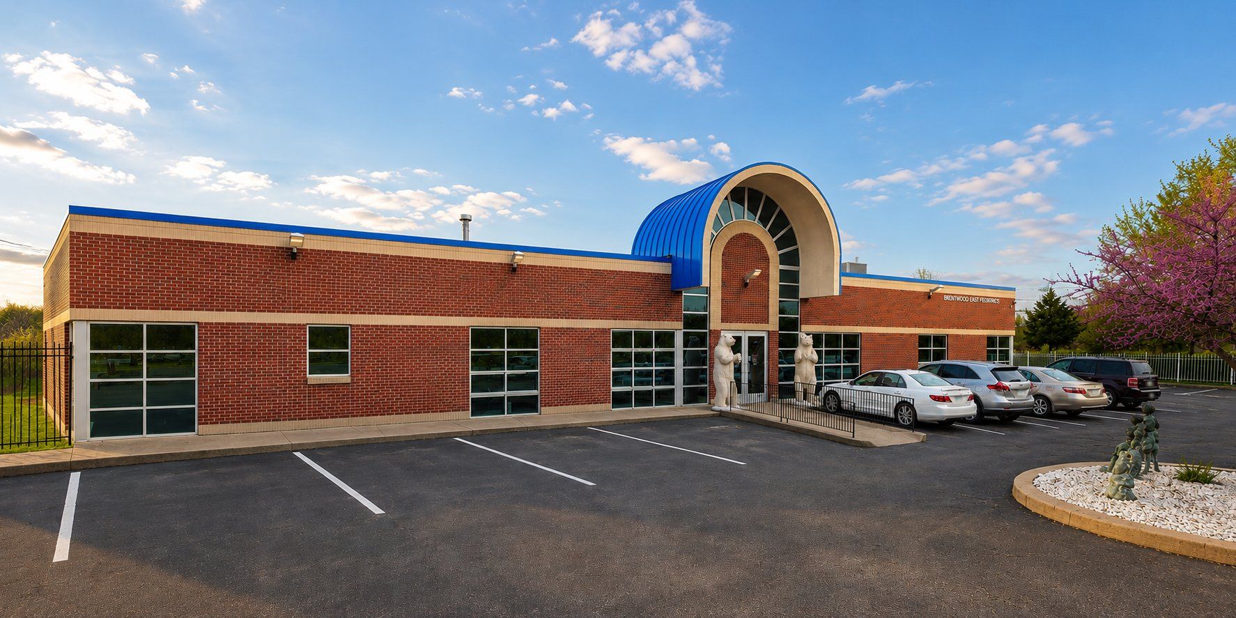 The Brentwood East Pediatrics office in Nashville, with its blue arched entrance and polar bear statues